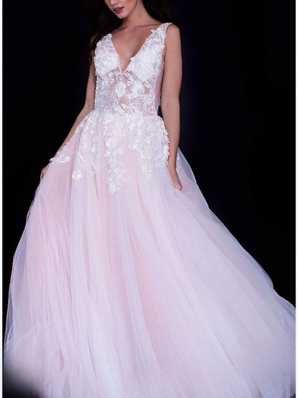 Jovani Blush Pink Tulle Gown with Off-White Floral Lace Appliqué